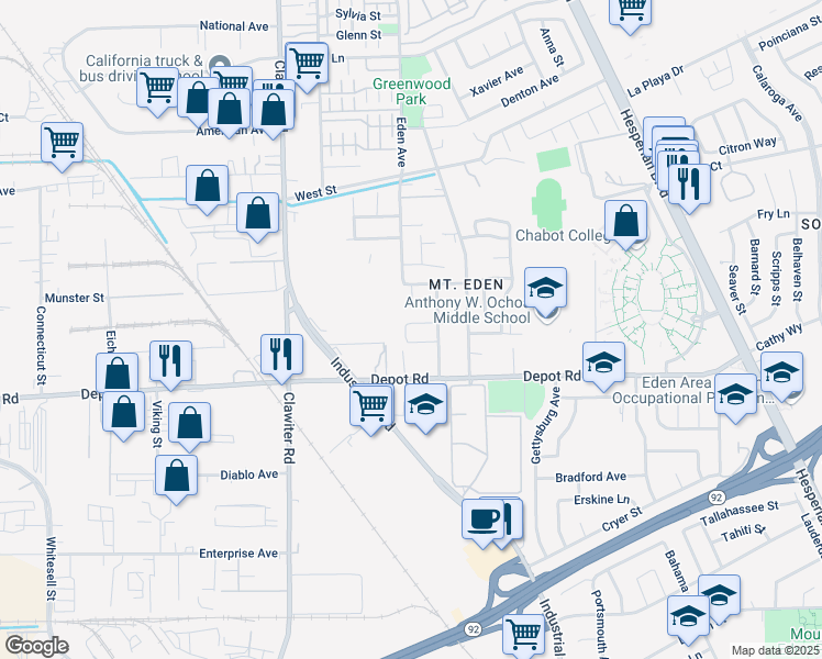map of restaurants, bars, coffee shops, grocery stores, and more near 25024 Eden Avenue in Hayward