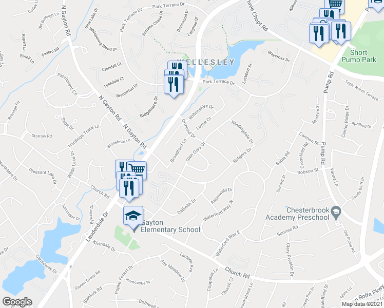 map of restaurants, bars, coffee shops, grocery stores, and more near 2828 Glen Gary Drive in Richmond