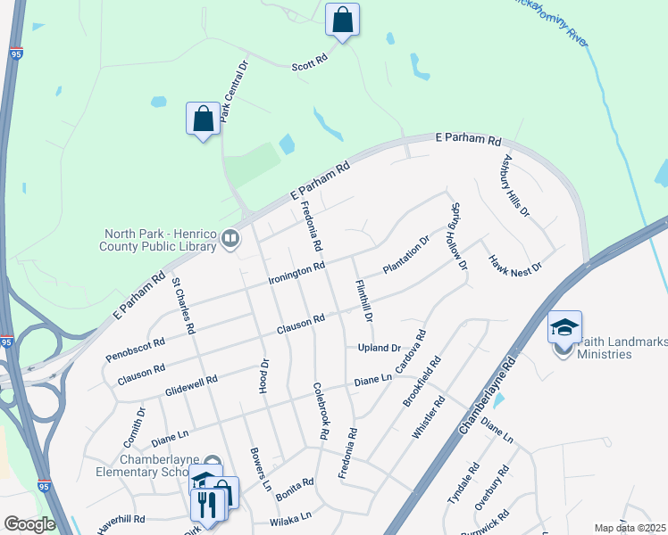 map of restaurants, bars, coffee shops, grocery stores, and more near 8407 Fredonia Road in Richmond