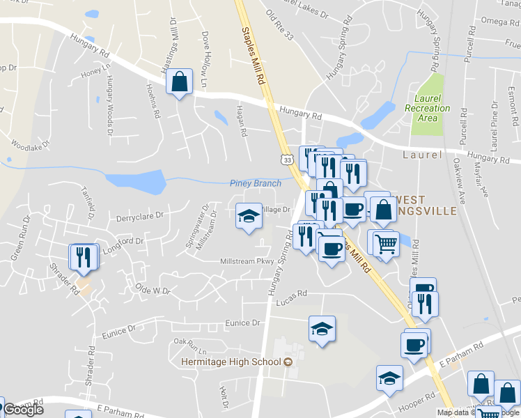 map of restaurants, bars, coffee shops, grocery stores, and more near 4116 Laurel Village Drive in Henrico
