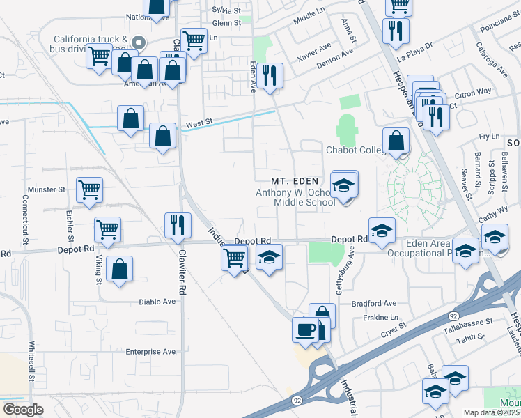 map of restaurants, bars, coffee shops, grocery stores, and more near 25024 Eden Avenue in Hayward