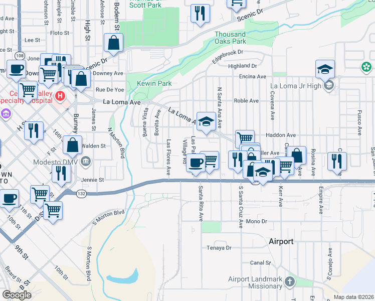 map of restaurants, bars, coffee shops, grocery stores, and more near 152 Village Road in Modesto