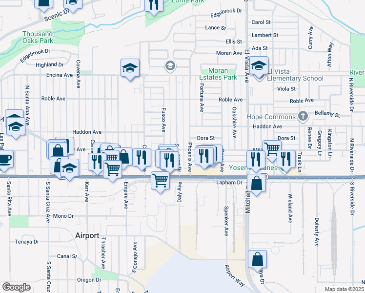 map of restaurants, bars, coffee shops, grocery stores, and more near 230 San Juan Drive in Modesto