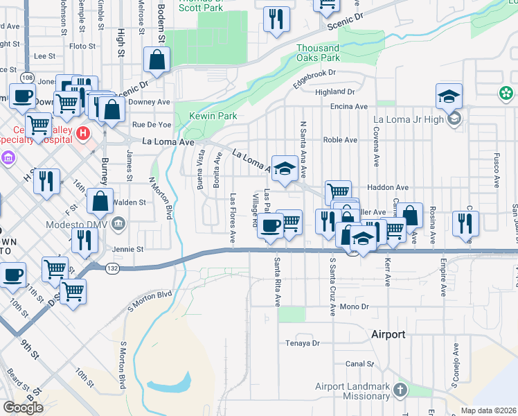 map of restaurants, bars, coffee shops, grocery stores, and more near 152 Village Road in Modesto