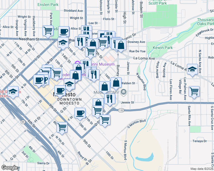 map of restaurants, bars, coffee shops, grocery stores, and more near 602 16th Street in Modesto