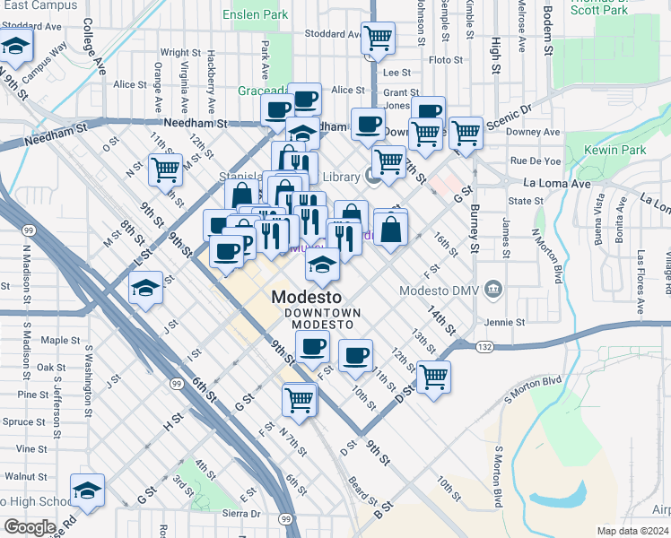 map of restaurants, bars, coffee shops, grocery stores, and more near 821 13th Street in Modesto