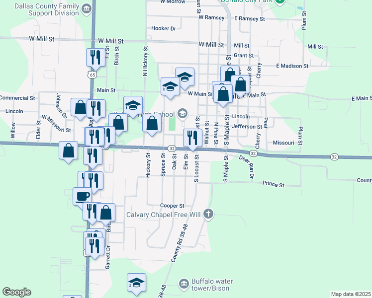 map of restaurants, bars, coffee shops, grocery stores, and more near 620 Elm Street in Buffalo