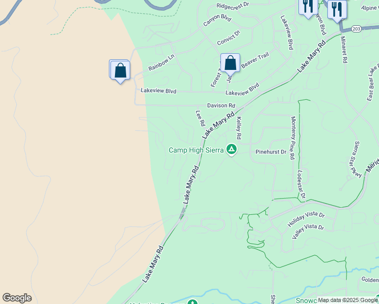 map of restaurants, bars, coffee shops, grocery stores, and more near 37 Bridges Lane in Mammoth Lakes