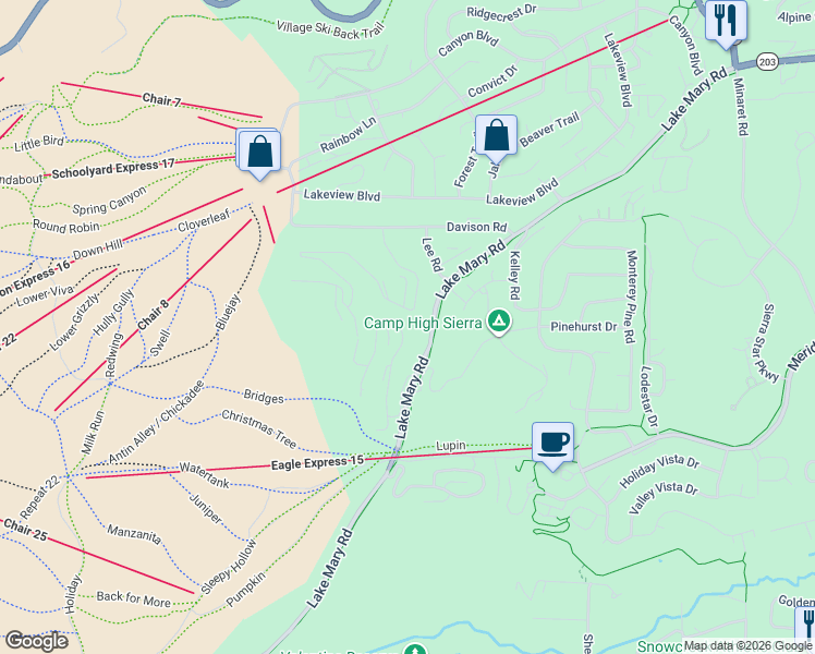 map of restaurants, bars, coffee shops, grocery stores, and more near 37 Bridges Lane in Mammoth Lakes