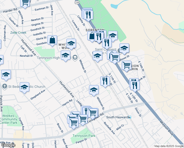 map of restaurants, bars, coffee shops, grocery stores, and more near 350 Carson Drive in Hayward