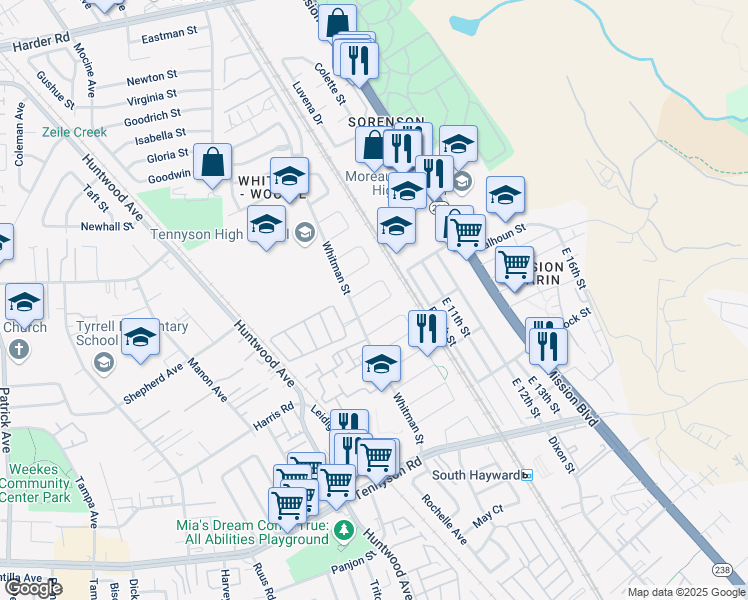 map of restaurants, bars, coffee shops, grocery stores, and more near 350 Carson Drive in Hayward