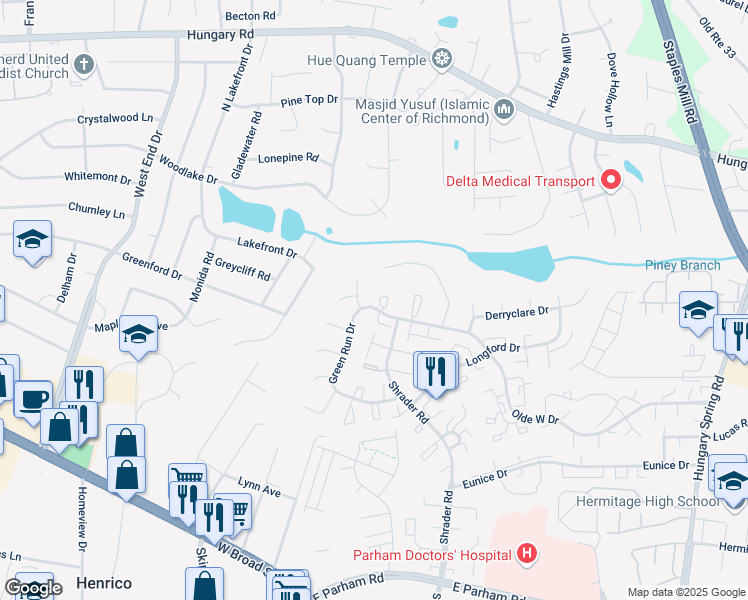 map of restaurants, bars, coffee shops, grocery stores, and more near 4944 Tanfield Drive in Richmond