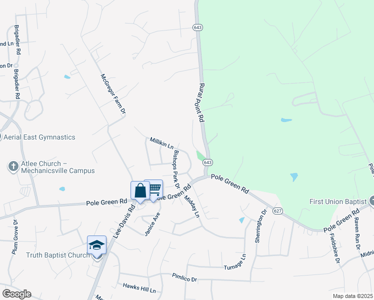 map of restaurants, bars, coffee shops, grocery stores, and more near 8422 Clarynton Lane in Mechanicsville