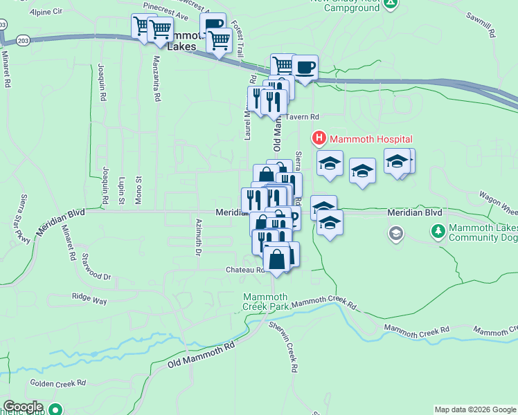 map of restaurants, bars, coffee shops, grocery stores, and more near 286 Old Mammoth Road in Mammoth Lakes