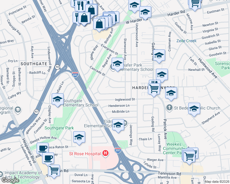 map of restaurants, bars, coffee shops, grocery stores, and more near 26568 Flamingo Avenue in Hayward