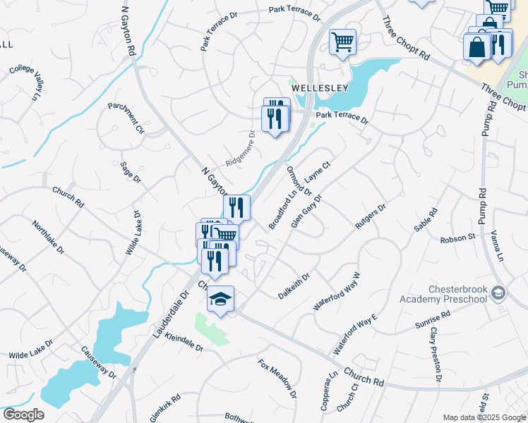 map of restaurants, bars, coffee shops, grocery stores, and more near 2901 Broadford Terrace in Henrico