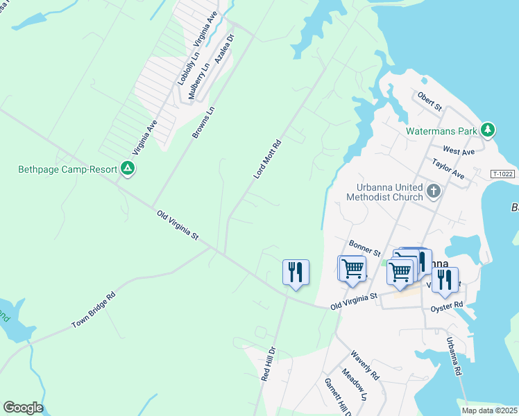 map of restaurants, bars, coffee shops, grocery stores, and more near 208 Lord Mott Road in Urbanna