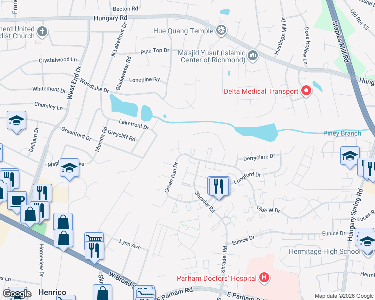 map of restaurants, bars, coffee shops, grocery stores, and more near 4944 Tanfield Drive in Richmond