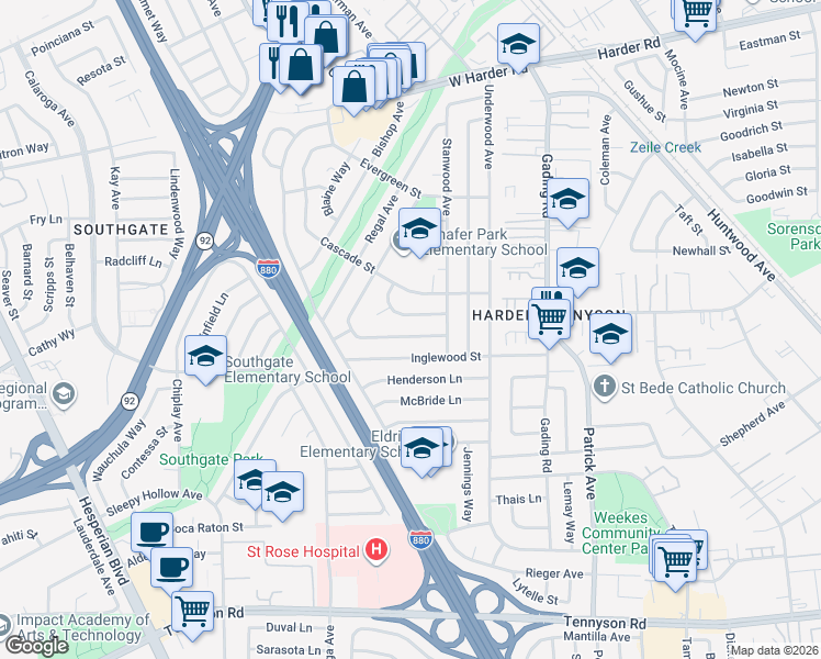 map of restaurants, bars, coffee shops, grocery stores, and more near 26568 Flamingo Avenue in Hayward