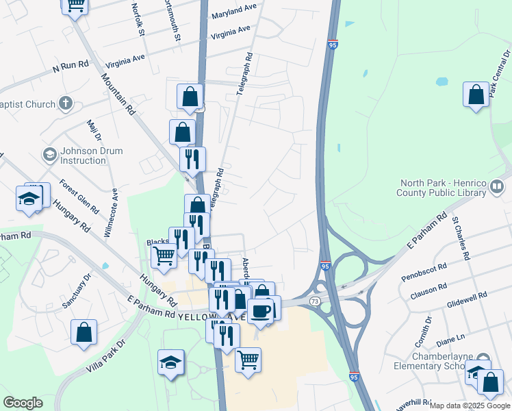 map of restaurants, bars, coffee shops, grocery stores, and more near 8648 Camerons Ferry Lane in Glen Allen