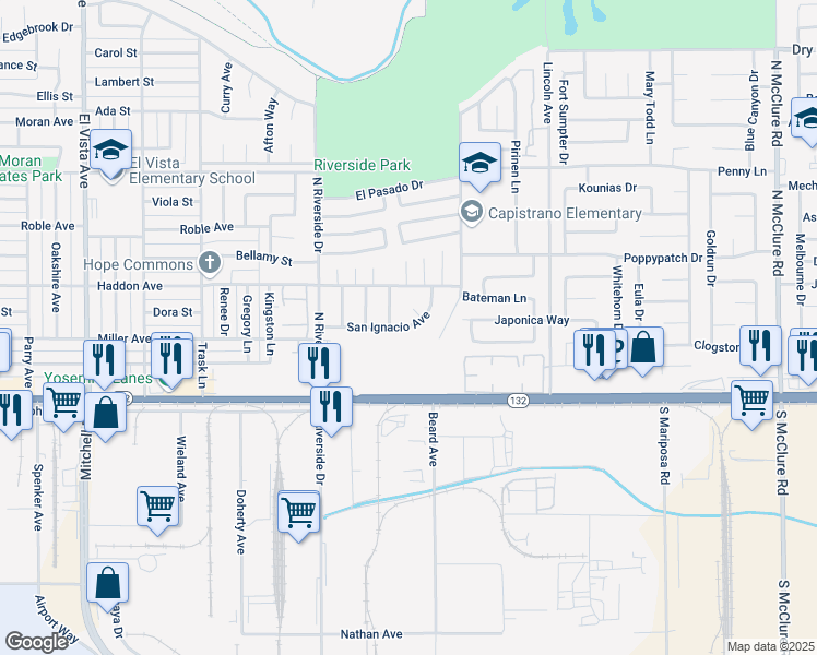 map of restaurants, bars, coffee shops, grocery stores, and more near 216 Sierra Madre Drive in Modesto