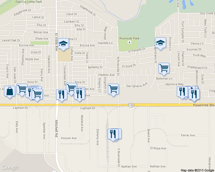 map of restaurants, bars, coffee shops, grocery stores, and more near 2521 Miller Avenue in Modesto