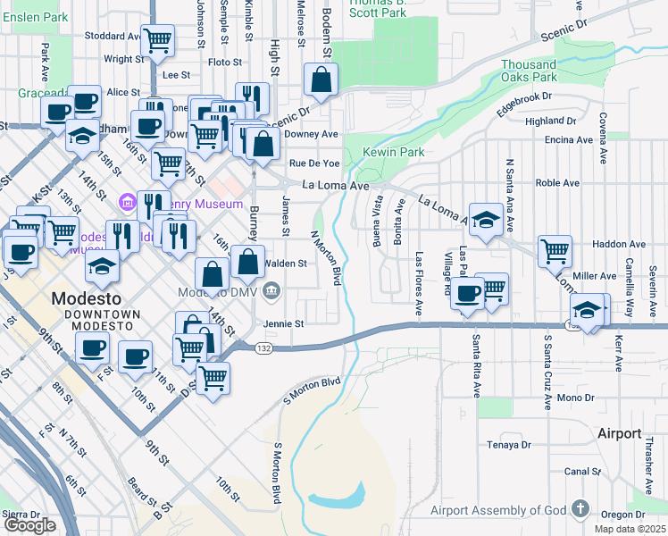 map of restaurants, bars, coffee shops, grocery stores, and more near 165 North Morton Boulevard in Modesto