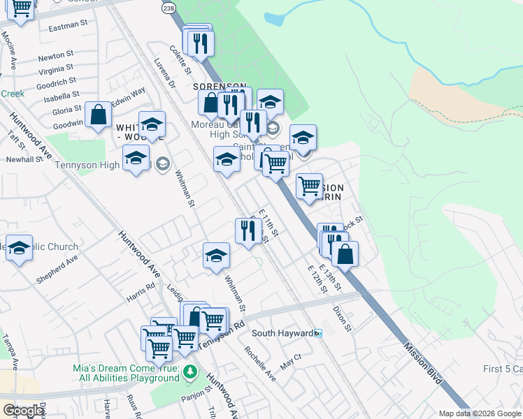 map of restaurants, bars, coffee shops, grocery stores, and more near 27552 East 11th Street in Hayward