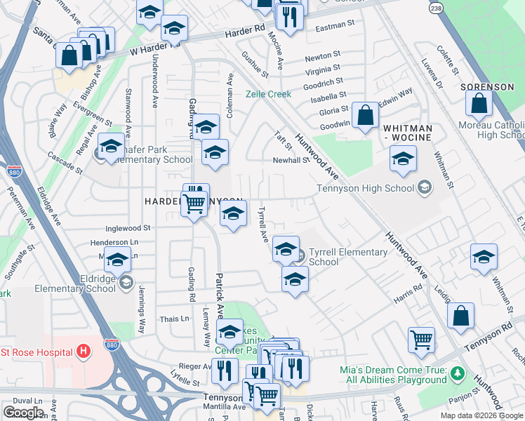 map of restaurants, bars, coffee shops, grocery stores, and more near 713 Schafer Road in Hayward