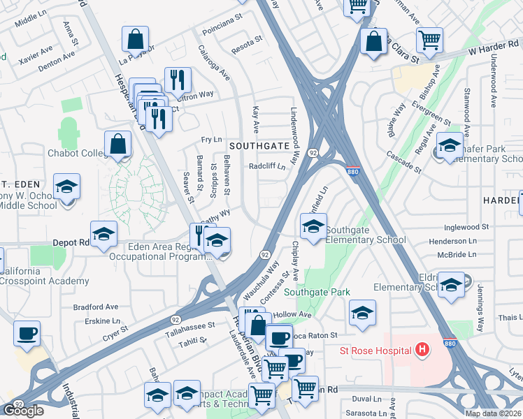 map of restaurants, bars, coffee shops, grocery stores, and more near 25862 Calaroga Avenue in Hayward
