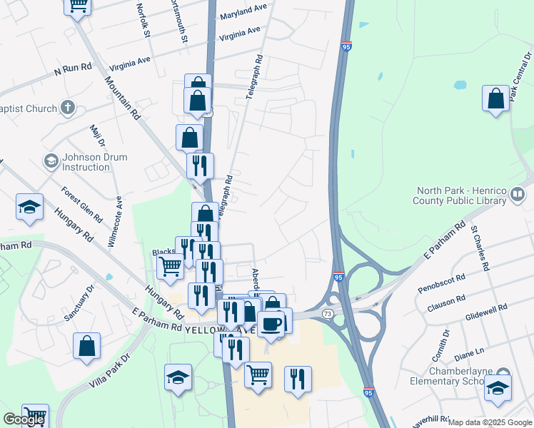 map of restaurants, bars, coffee shops, grocery stores, and more near 8648 Camerons Ferry Lane in Glen Allen