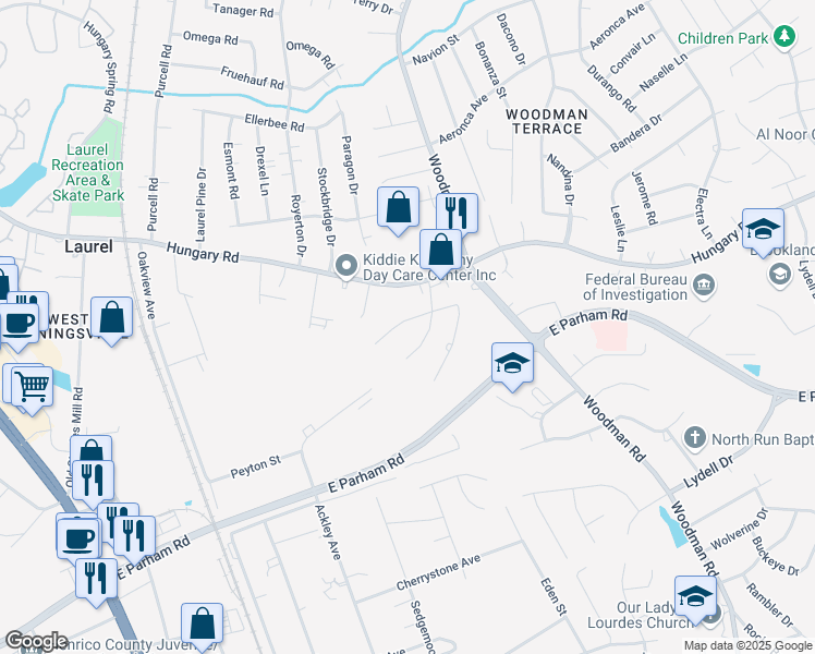 map of restaurants, bars, coffee shops, grocery stores, and more near 2405 Agra Drive in Richmond