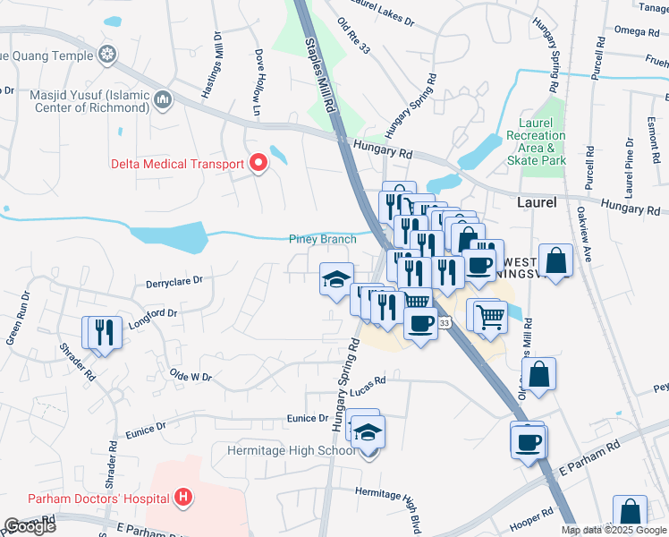 map of restaurants, bars, coffee shops, grocery stores, and more near 9205 Terrapin Court in Henrico