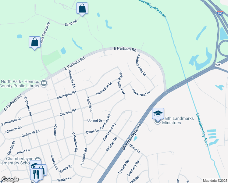 map of restaurants, bars, coffee shops, grocery stores, and more near 504 Clauson Road in Richmond