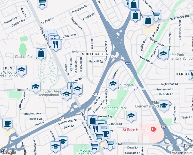 map of restaurants, bars, coffee shops, grocery stores, and more near 25930 Kay Avenue in Hayward