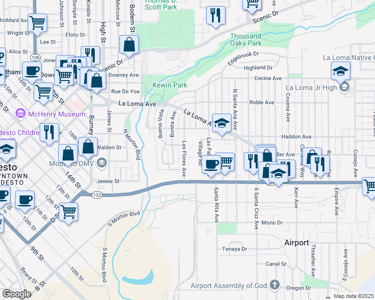 map of restaurants, bars, coffee shops, grocery stores, and more near 150 Las Flores Avenue in Modesto
