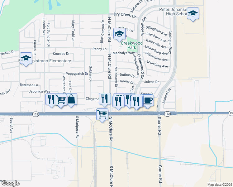 map of restaurants, bars, coffee shops, grocery stores, and more near 238 Melbourne Drive in Modesto