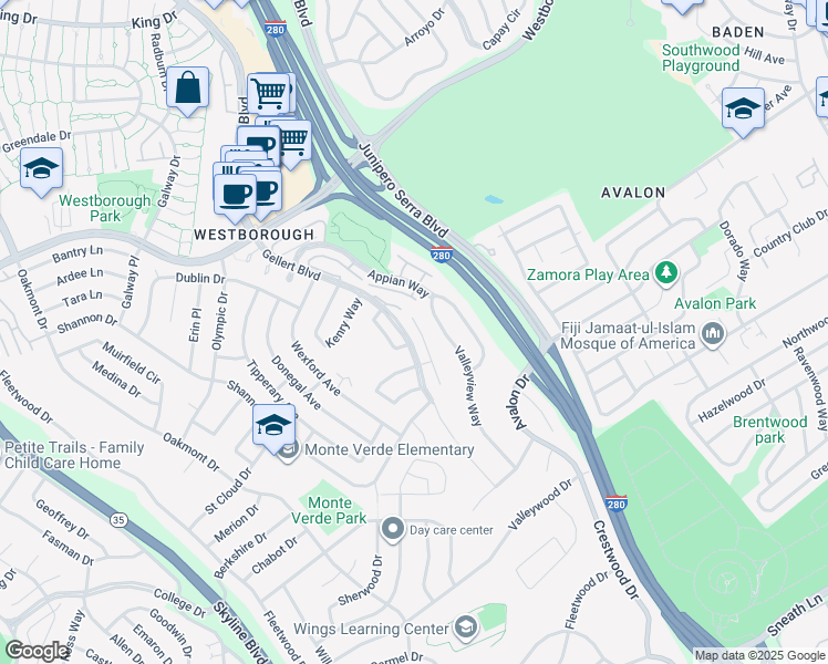 map of restaurants, bars, coffee shops, grocery stores, and more near 17 Vista Court in South San Francisco