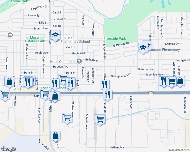 map of restaurants, bars, coffee shops, grocery stores, and more near 2521 Miller Avenue in Modesto