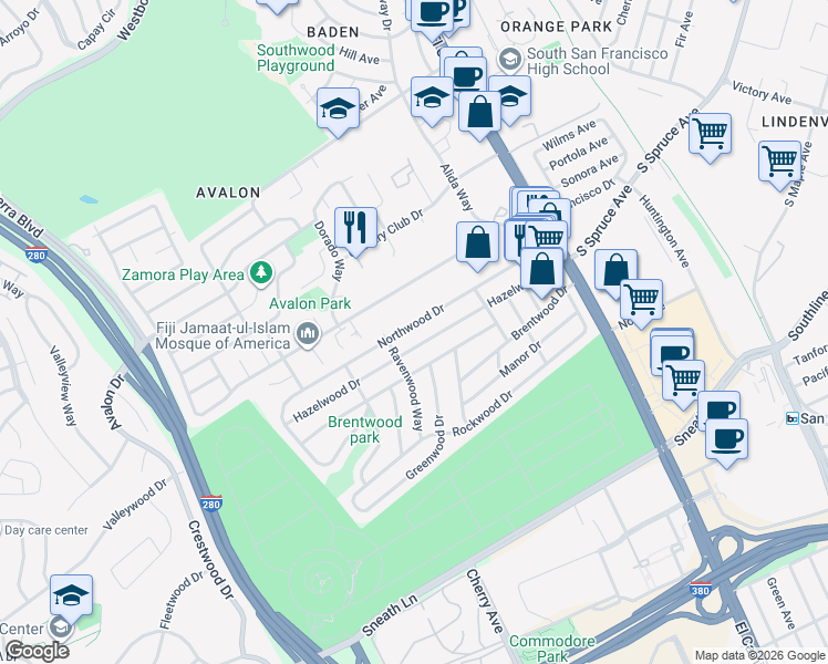 map of restaurants, bars, coffee shops, grocery stores, and more near 226 Northwood Drive in South San Francisco