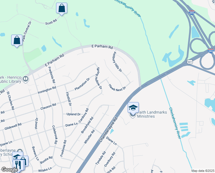 map of restaurants, bars, coffee shops, grocery stores, and more near 8386 Hawk Nest Drive in Richmond