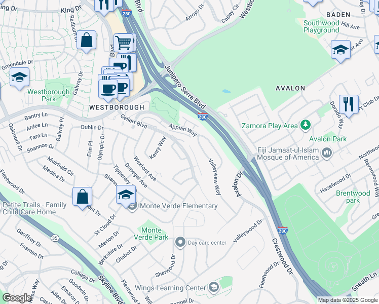 map of restaurants, bars, coffee shops, grocery stores, and more near 17 Vista Court in South San Francisco