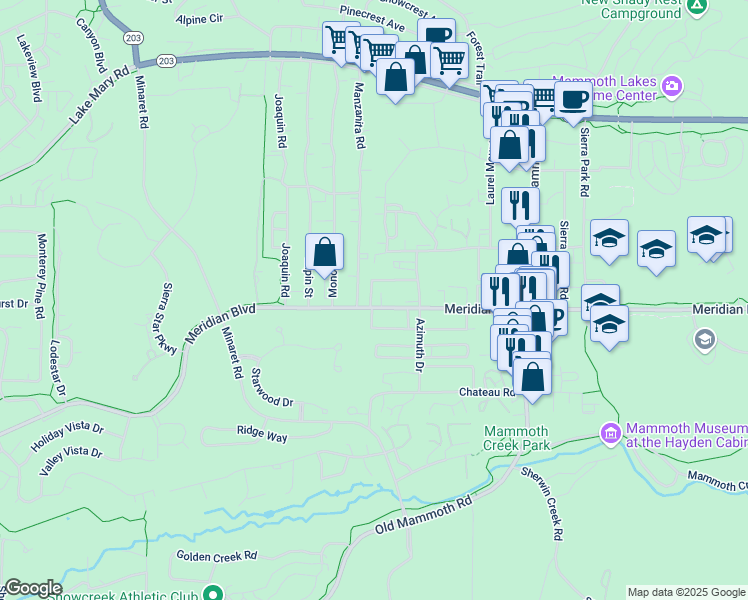 map of restaurants, bars, coffee shops, grocery stores, and more near 2252 Meridian Boulevard in Mammoth Lakes