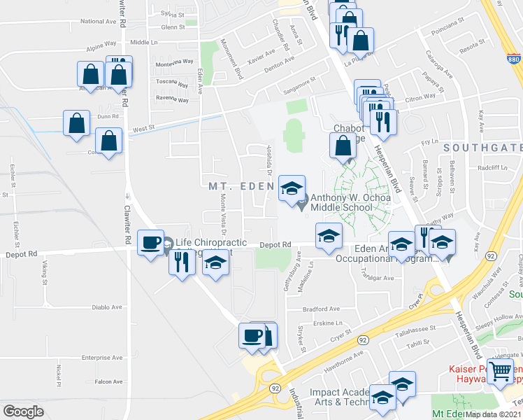 map of restaurants, bars, coffee shops, grocery stores, and more near 25089 Dania Lane in Hayward