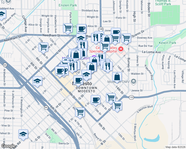 map of restaurants, bars, coffee shops, grocery stores, and more near 1310 H Street in Modesto