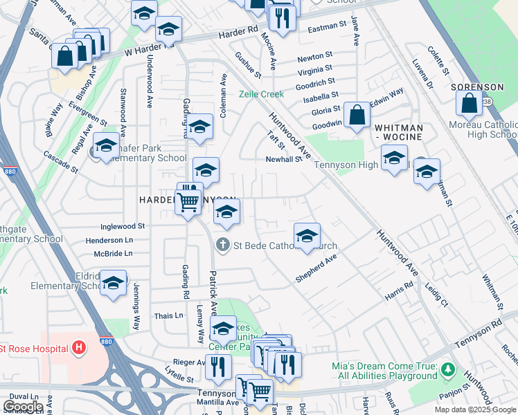 map of restaurants, bars, coffee shops, grocery stores, and more near 26730 Tyrrell Avenue in Hayward