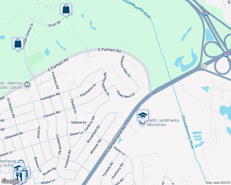 map of restaurants, bars, coffee shops, grocery stores, and more near 8386 Hawk Nest Drive in Richmond