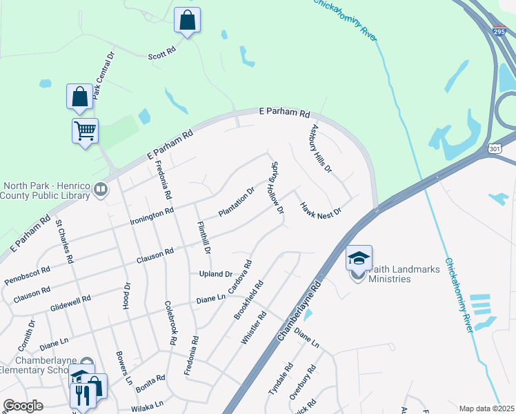 map of restaurants, bars, coffee shops, grocery stores, and more near 504 Clauson Road in Richmond