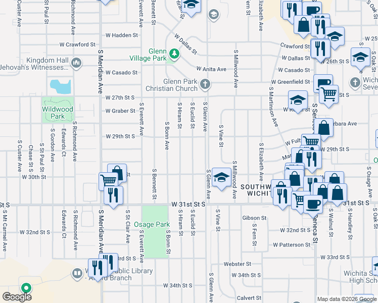 map of restaurants, bars, coffee shops, grocery stores, and more near 3015 South Euclid Street in Wichita