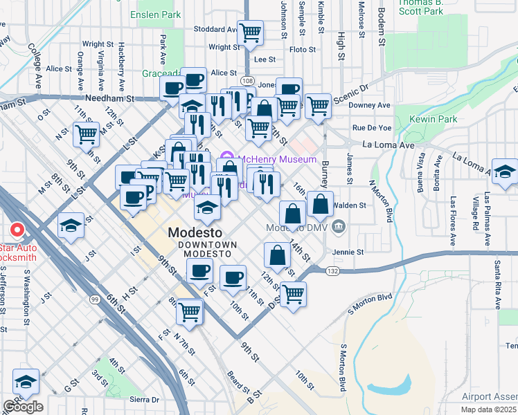 map of restaurants, bars, coffee shops, grocery stores, and more near G Street & 14th Street in Modesto